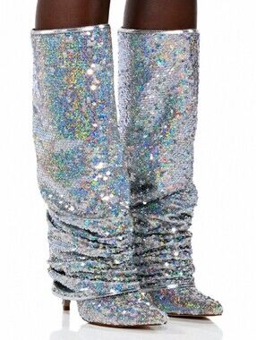 Azalea Wang Silver Sequin Slouch Boot